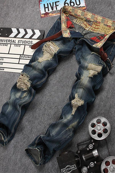 Ripped patch patch straight-leg jeans