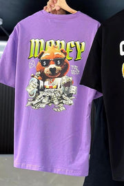 Loose Casual Plus Size Men's T-Shirt with Humorous Cartoon Bear Money Print