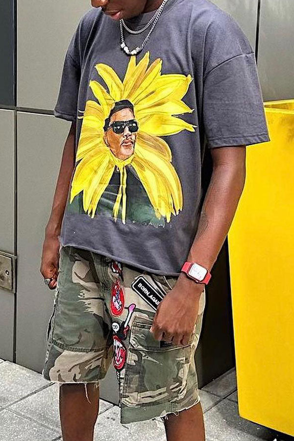 Men's Plus-size Casual T-shirt Vintage Will Smith Sunflower Print "Fresh Prince of Bel-Air"