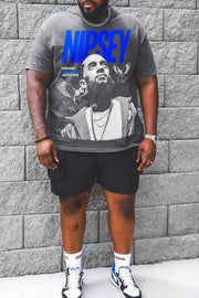 Plus Size Men's Loose Casual T-Shirt with Super Basketball Star Nipsey Hussle Portrait Print