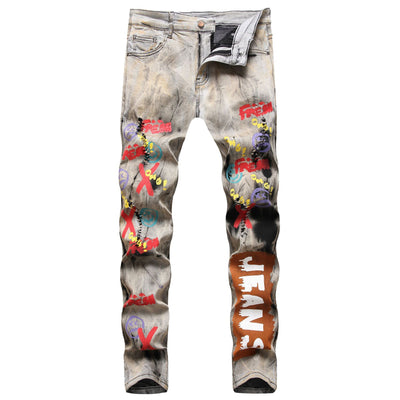 Multicolor 3D printed stretch slim-fit jeans