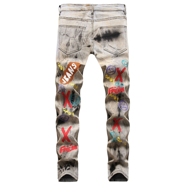 Multicolor 3D printed stretch slim-fit jeans