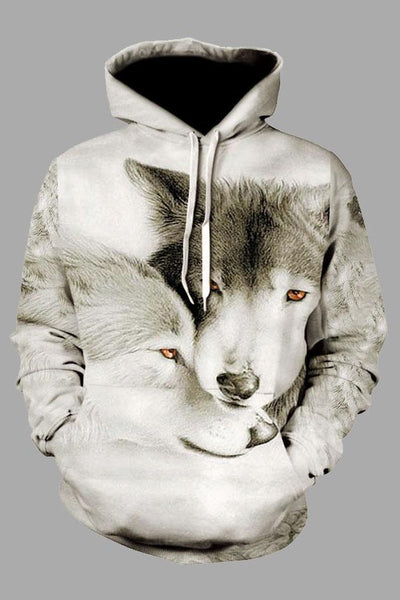 Street 3D White Wolf Print Hooded Sweatshirt