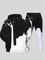 Street Hooded Collar Starry Sky Print  Men Two-piece Pants Set