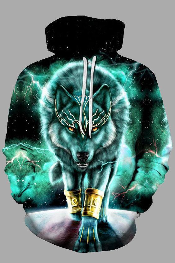 Street 3D Green Wolf Print Hooded Sweatshirt