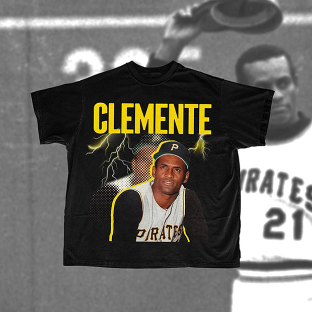 Plus Size Men's Loose Casual T-shirt Baseball Star Roberto Clemente Figure Print