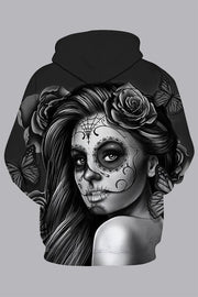 3D Black Digital Skeleton Girl Printed Hooded Sweatshirt