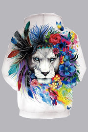 Street 3D White Digital Lion Printed Hooded Sweatshirt