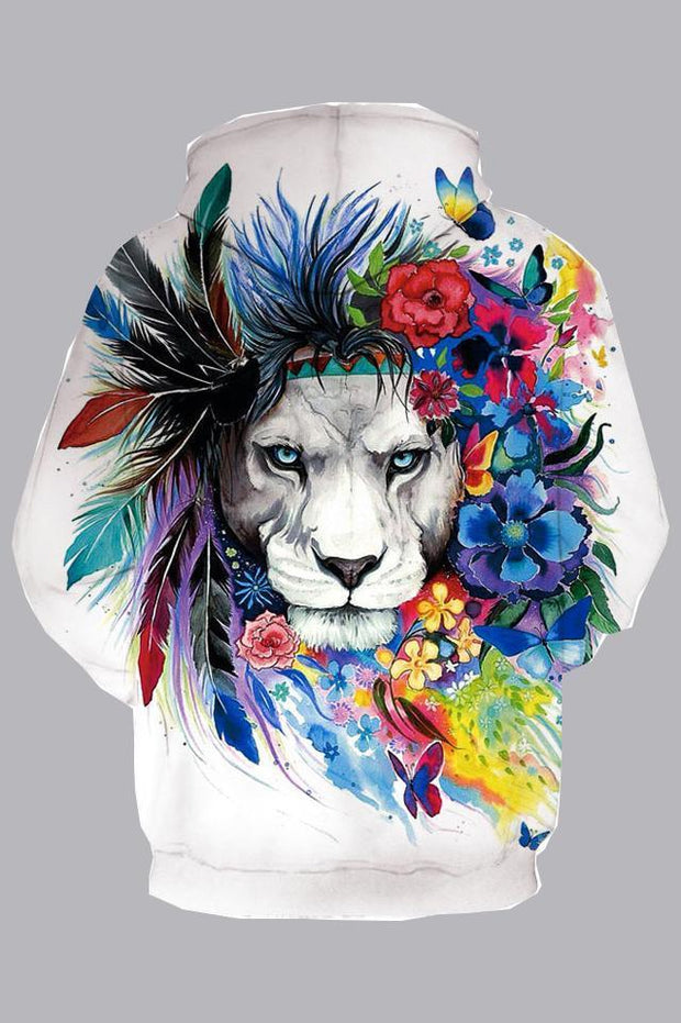 Street 3D White Digital Lion Printed Hooded Sweatshirt