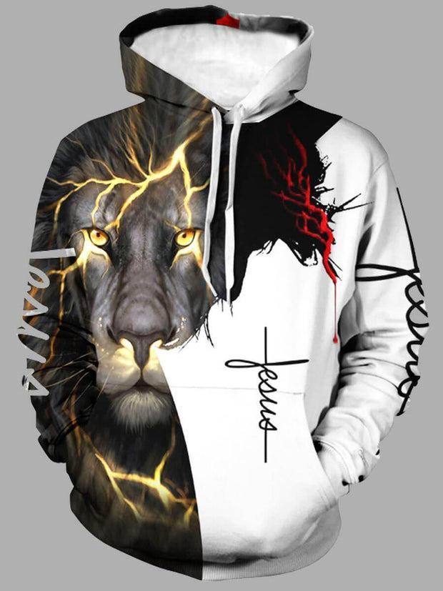 Street Lion Print Patchwork White Hoodie