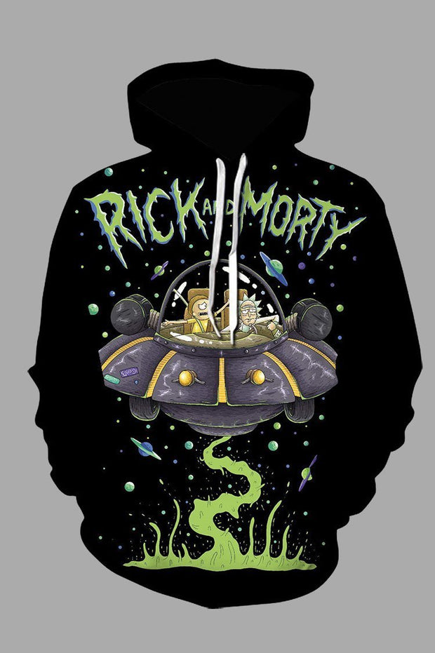 Street 3D Black Digital  Rick and Morty Printed Hooded Sweatshirt