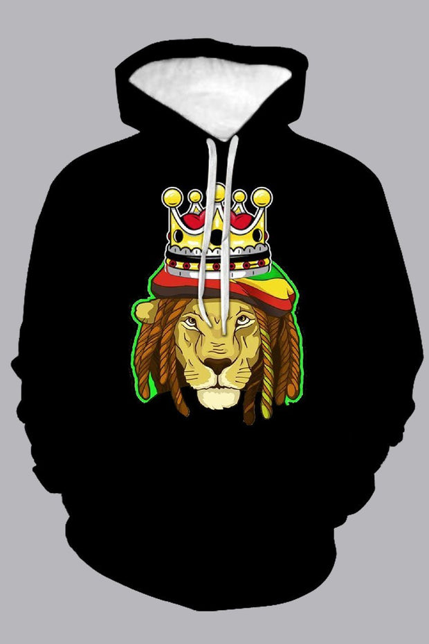 Street 3D Black Digital Lion Printed Hooded Sweatshirt