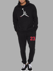 Street Hooded Collar Letter Print Black Men Two Piece Pants Set