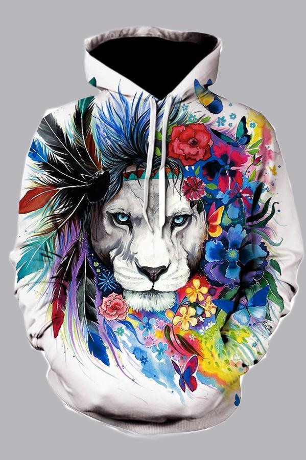 Street 3D White Digital Lion Printed Hooded Sweatshirt