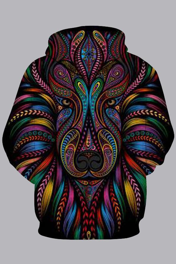 Street 3D Multicolor Digital Lion Printed Hooded Sweatshirt