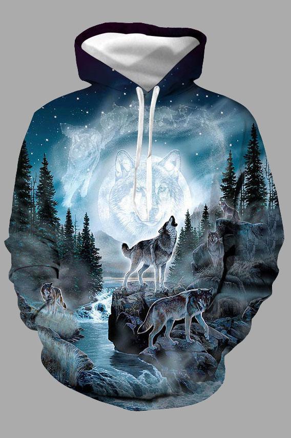 Street 3D multicolor wolf print hooded sweatshirt