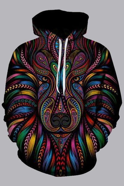 Street 3D Multicolor Digital Lion Printed Hooded Sweatshirt