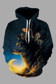 Street 3D blue wolf and moon print hooded sweatshirt