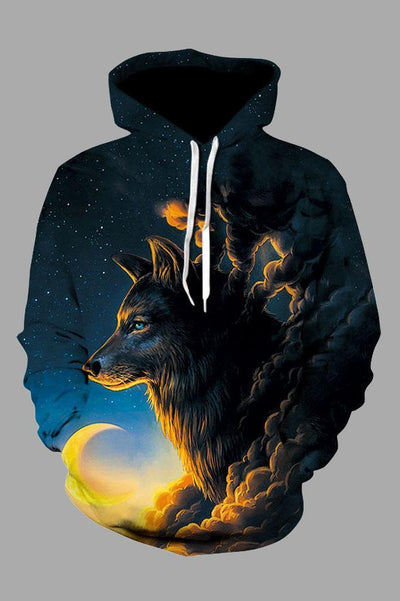 Street 3D blue wolf and moon print hooded sweatshirt