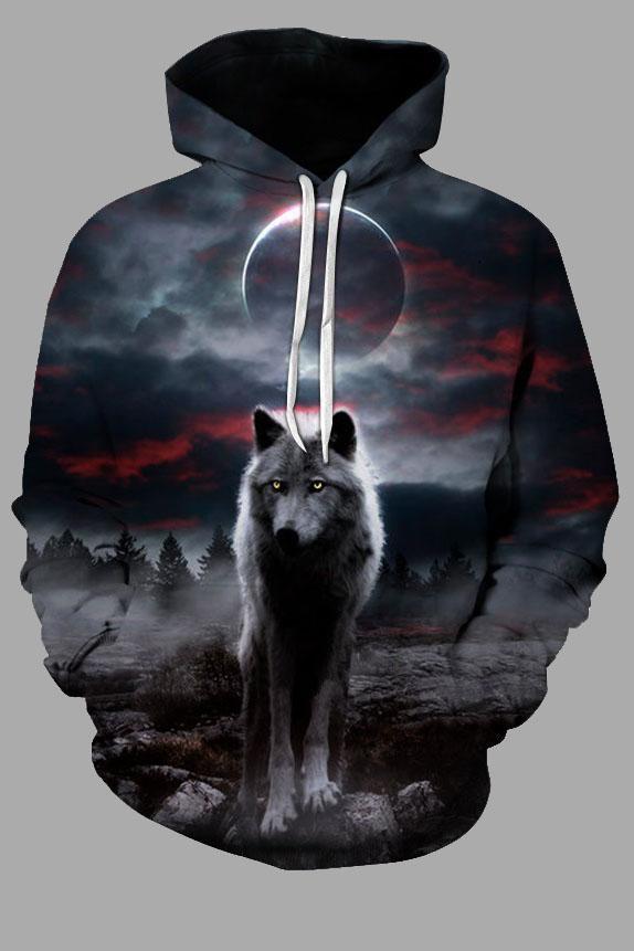 Street 3D multicolor wolf print hooded sweatshirt under the moonlight