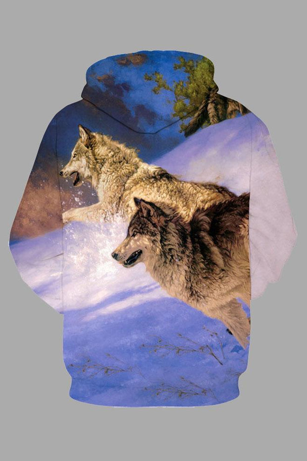 Street 3D Snow Mountain Wolf Print Hooded Sweatshirt