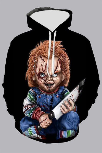 3D Black Digital Horror doll casual Printed Hooded Sweatshirt