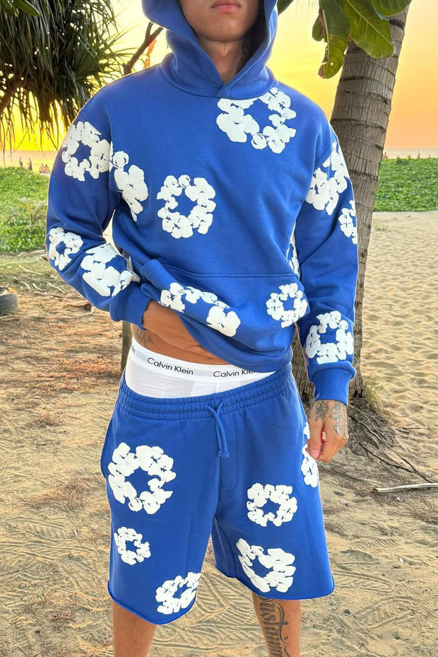 Loose Casual Men's Flower Printing Hoodie Shorts Sets