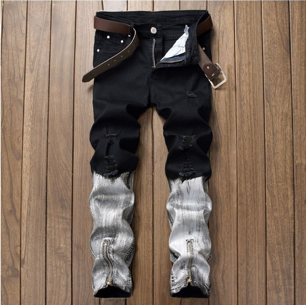 Color Block Paint Zipper Ripped Jeans