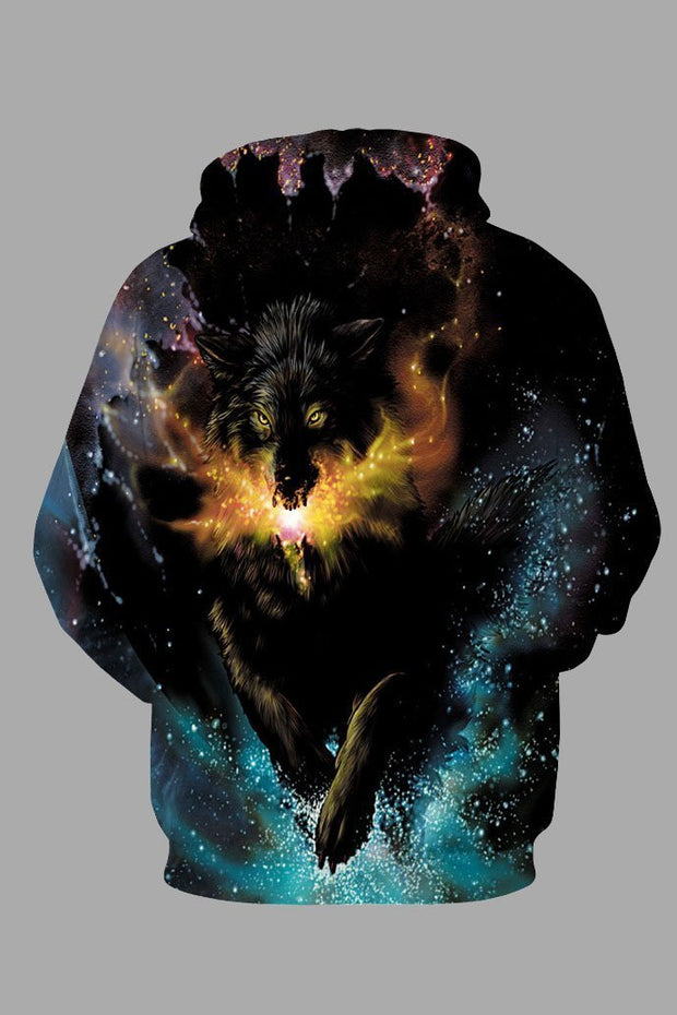 The wolf print hooded sweatshirt under the street 3D starry sky