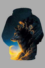 Street 3D blue wolf and moon print hooded sweatshirt