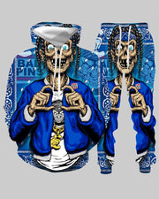 3D street personality printed hooded two-piece suit