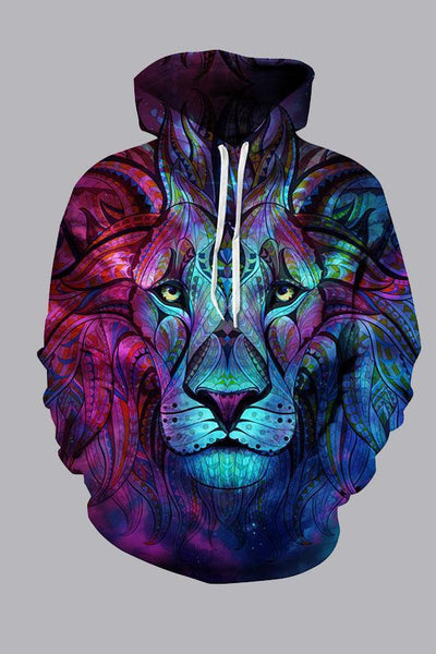 Street 3D Red And Blue Digital Lion Printed Hooded Sweatshirt