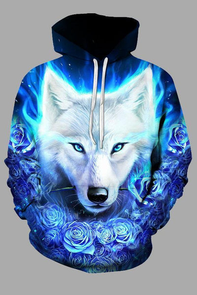 Street 3D multicolor wolf print hooded sweatshirt