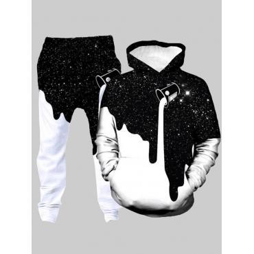 Street Hooded Collar Starry Sky Print  Men Two-piece Pants Set